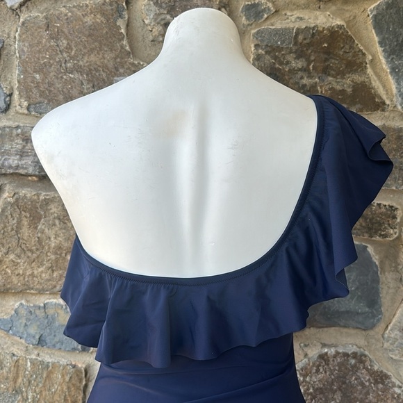 J. Crew Factory Women's One-Shoulder Ruffle Swimsuit Navy Blue Size M - Picture 5 of 7
